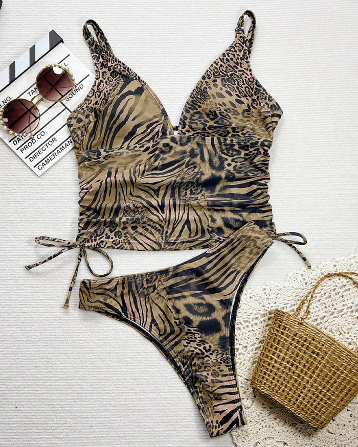 Women's Sexy Retro Deep V Leopard Print Bikini Swimsuit Set