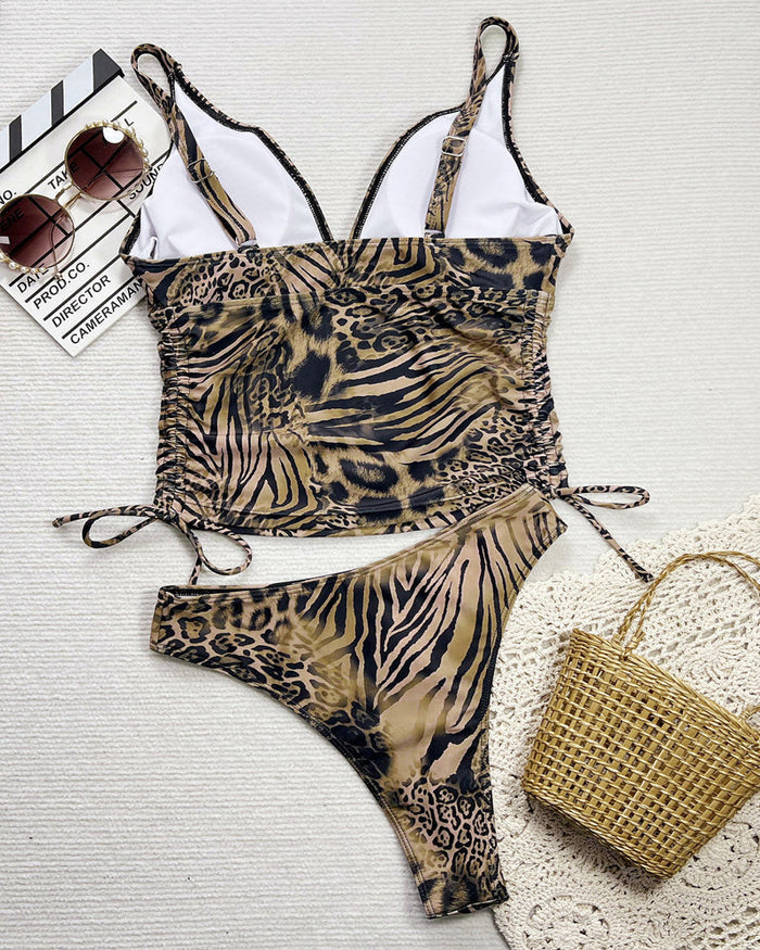 Women's Sexy Retro Deep V Leopard Print Bikini Swimsuit Set