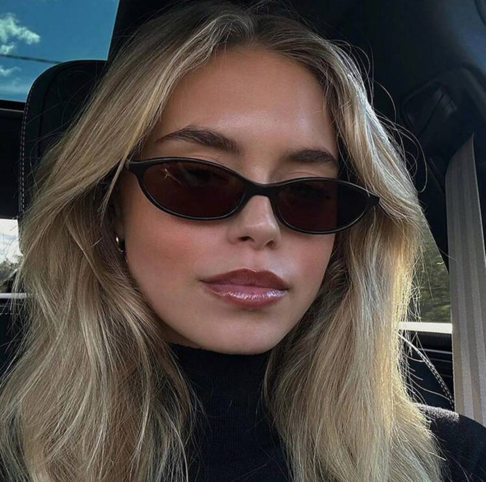 Women’s Slim Cat Eye Sunglasses – Black Frame with Dark Tinted Lenses – Trendy Y2K Fashion Eyewear