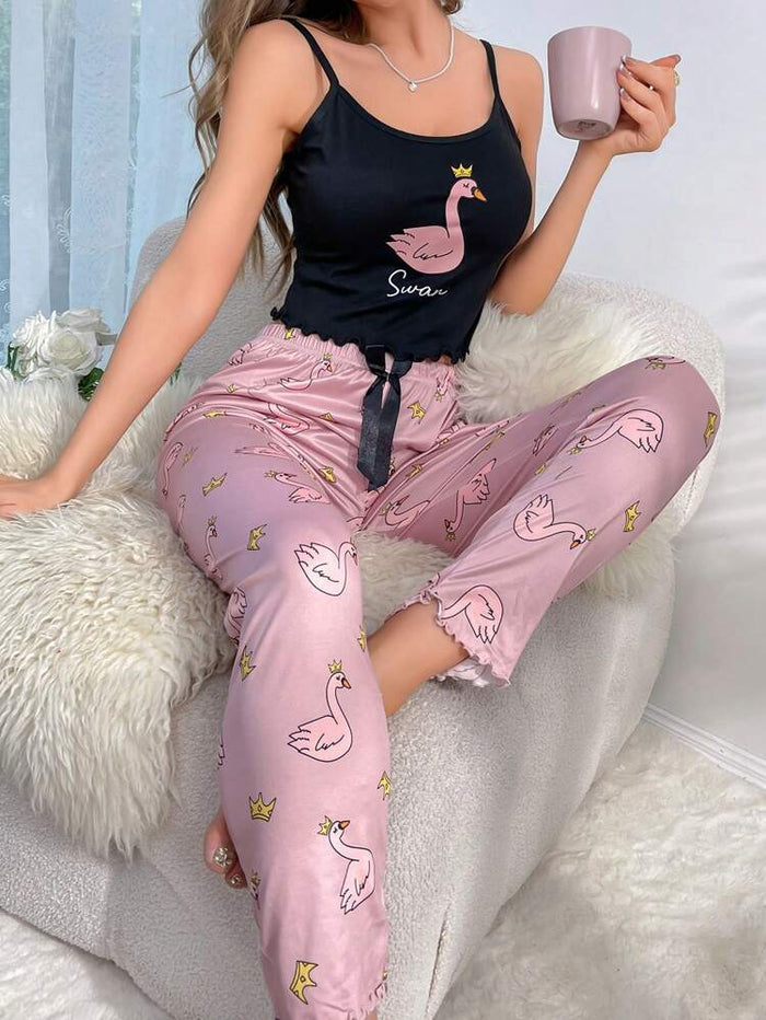 Women’s Swan Print Cami & Pants Pajama Set – Black Top with Pink Lounge Pants Sleepwear Set
