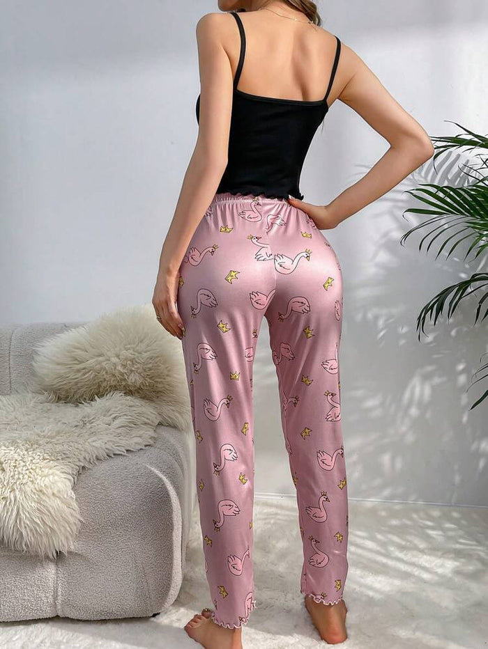 Women’s Swan Print Cami & Pants Pajama Set – Black Top with Pink Lounge Pants Sleepwear Set
