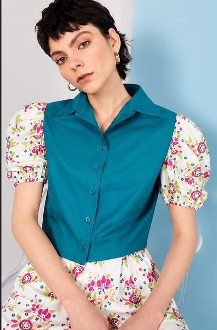 Women’s Teal Button-Up Crop Blouse – Floral Puff Sleeves – Chic Casual Top