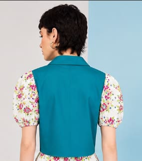 Women’s Teal Button-Up Crop Blouse – Floral Puff Sleeves – Chic Casual Top