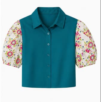 Women’s Teal Button-Up Crop Blouse – Floral Puff Sleeves – Chic Casual Top