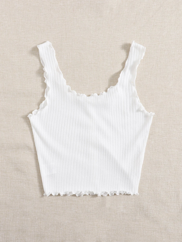 Women’s White Ribbed Ruffle Strap Button Tank Top