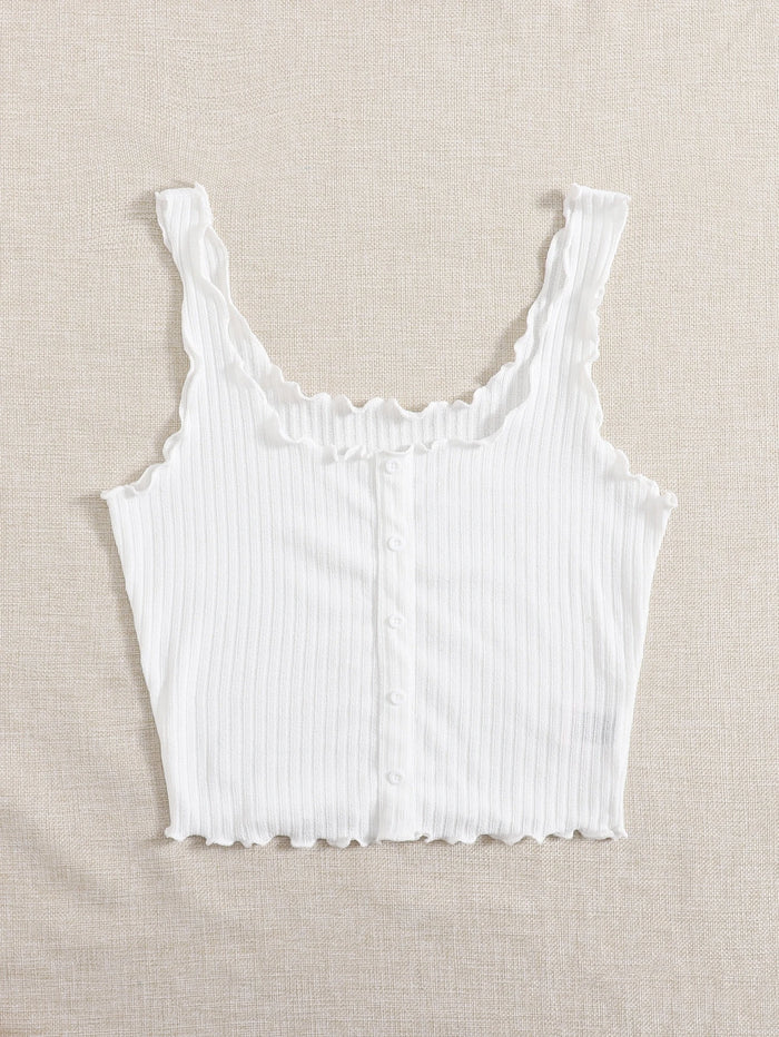 Women’s White Ribbed Ruffle Strap Button Tank Top