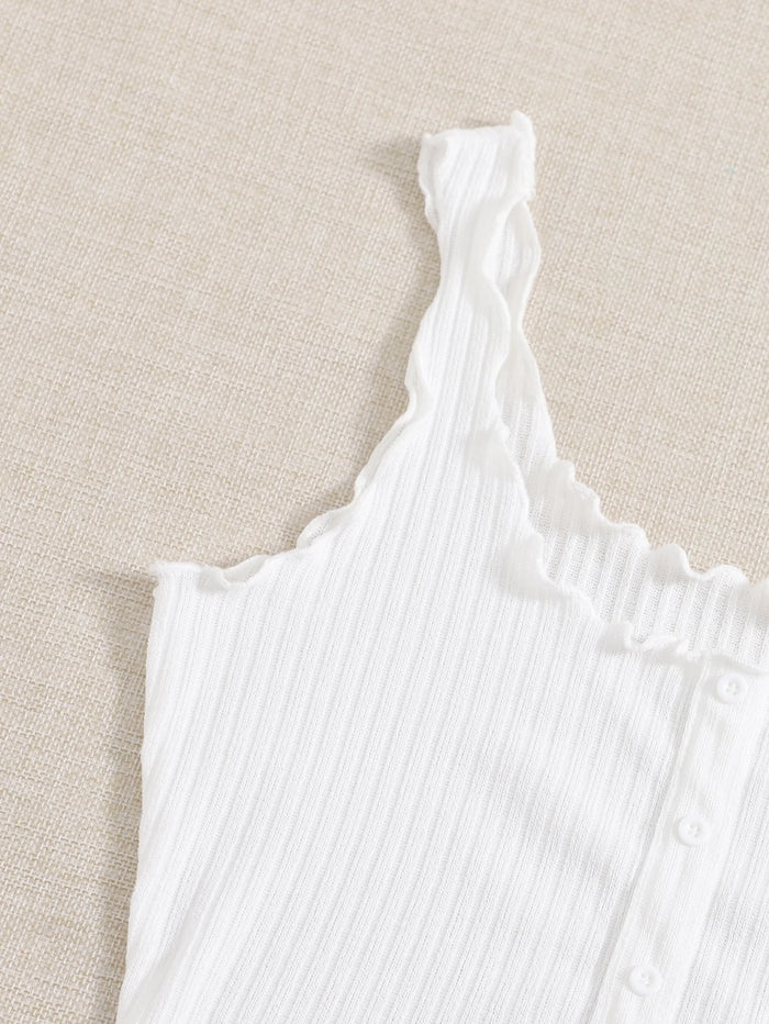 Women’s White Ribbed Ruffle Strap Button Tank Top