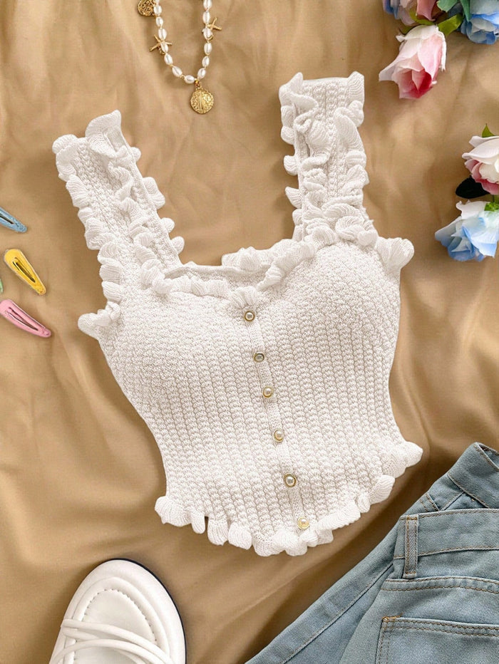 Women’s White Ruffle Knit Crop Tank Top