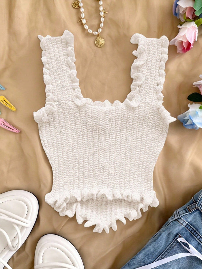 Women’s White Ruffle Knit Crop Tank Top
