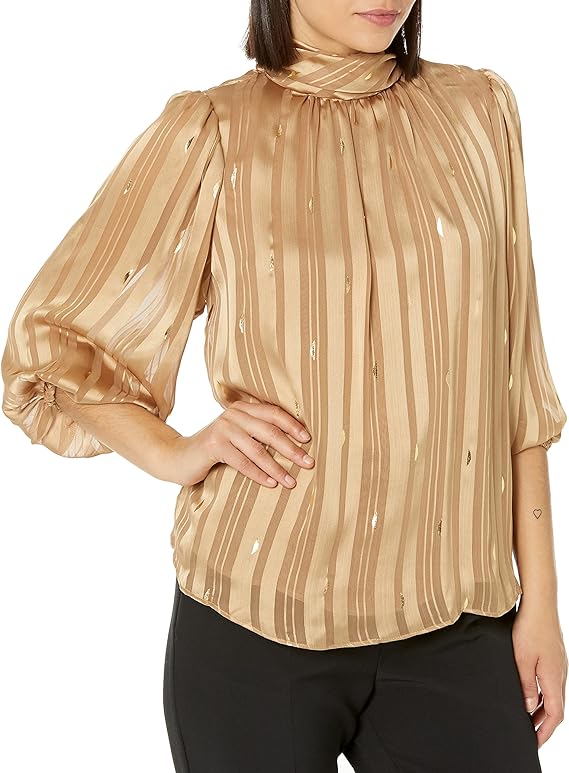 Womens Zac & Rachel Bracelet Sleeve Mock Neck Foil Blouse