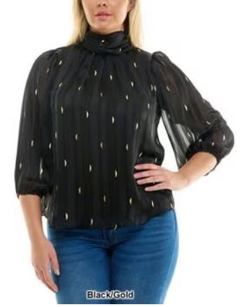 Womens Zac & Rachel Bracelet Sleeve Mock Neck Foil Blouse