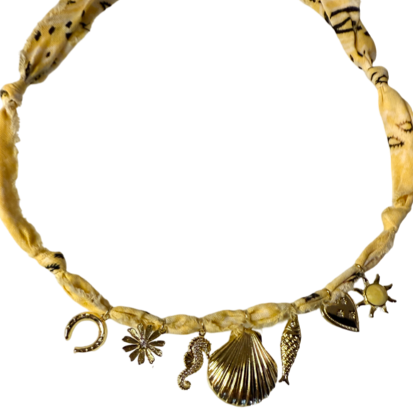 yellow bandana necklace, beach charm necklace, sunshine jewelry, Mandriana bandana, coastal charm necklace, handmade statement necklace, golden seashell necklace, boho beach jewelry, one-of-a-kind summer necklace, sun and sea accessories