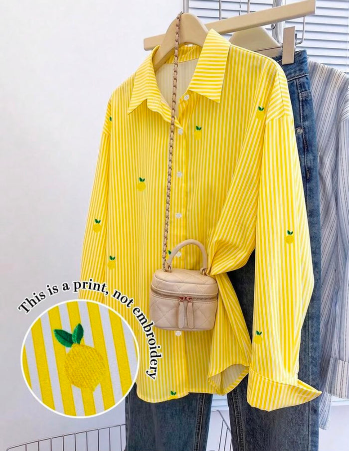 Yellow Lemon Print Striped Oversized Shirt – SHEIN Fast Delivery in 5 Days