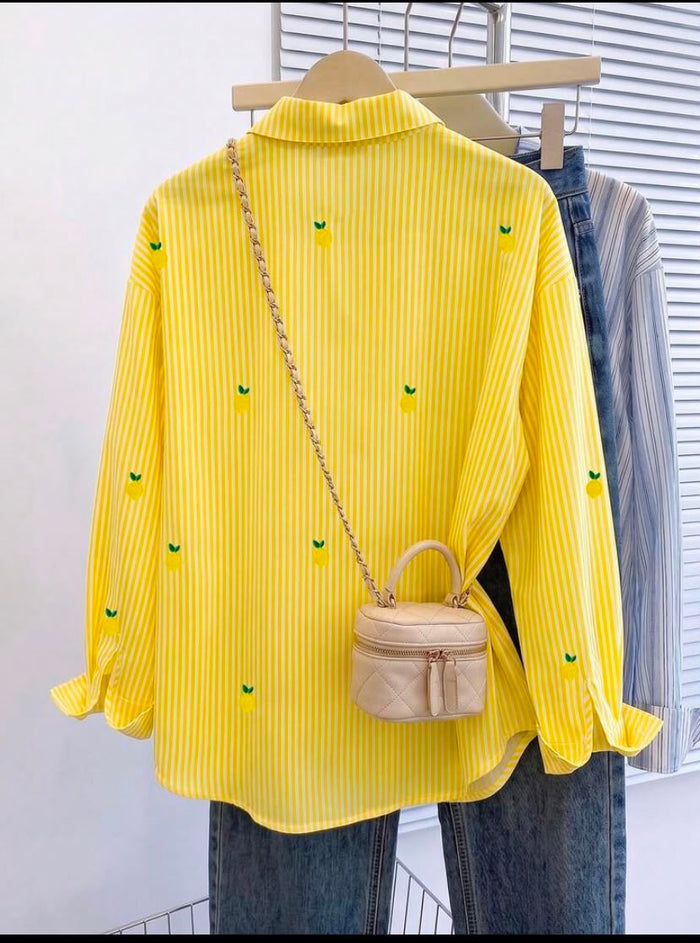 Yellow Lemon Print Striped Oversized Shirt – SHEIN Fast Delivery in 5 Days