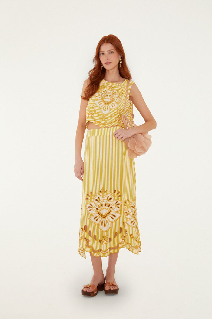 FARM Rio model wearing the Bicolor Stripes Richelieu Lenzing Ecovero Euroflax Midi Skirt