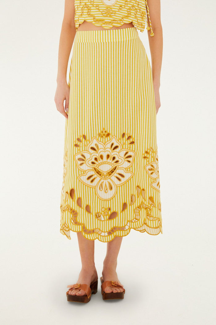 FARM Rio model wearing the Bicolor Stripes Richelieu Lenzing Ecovero Euroflax Midi Skirt